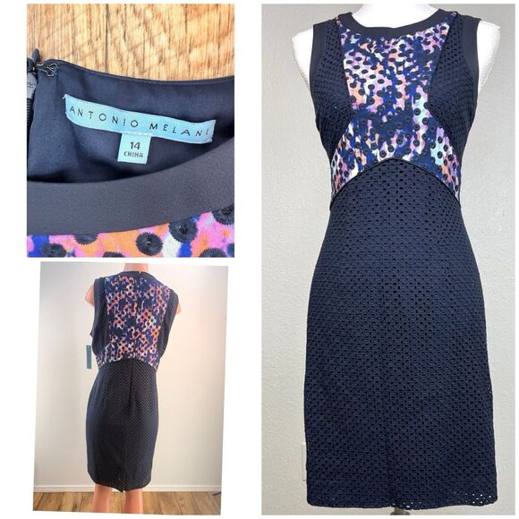 Antonio Melani Dresses & Skirts - New Antonio Melani Women’s 14 Navy Cotton Eyelet Lace Watercolor Sheath Dress